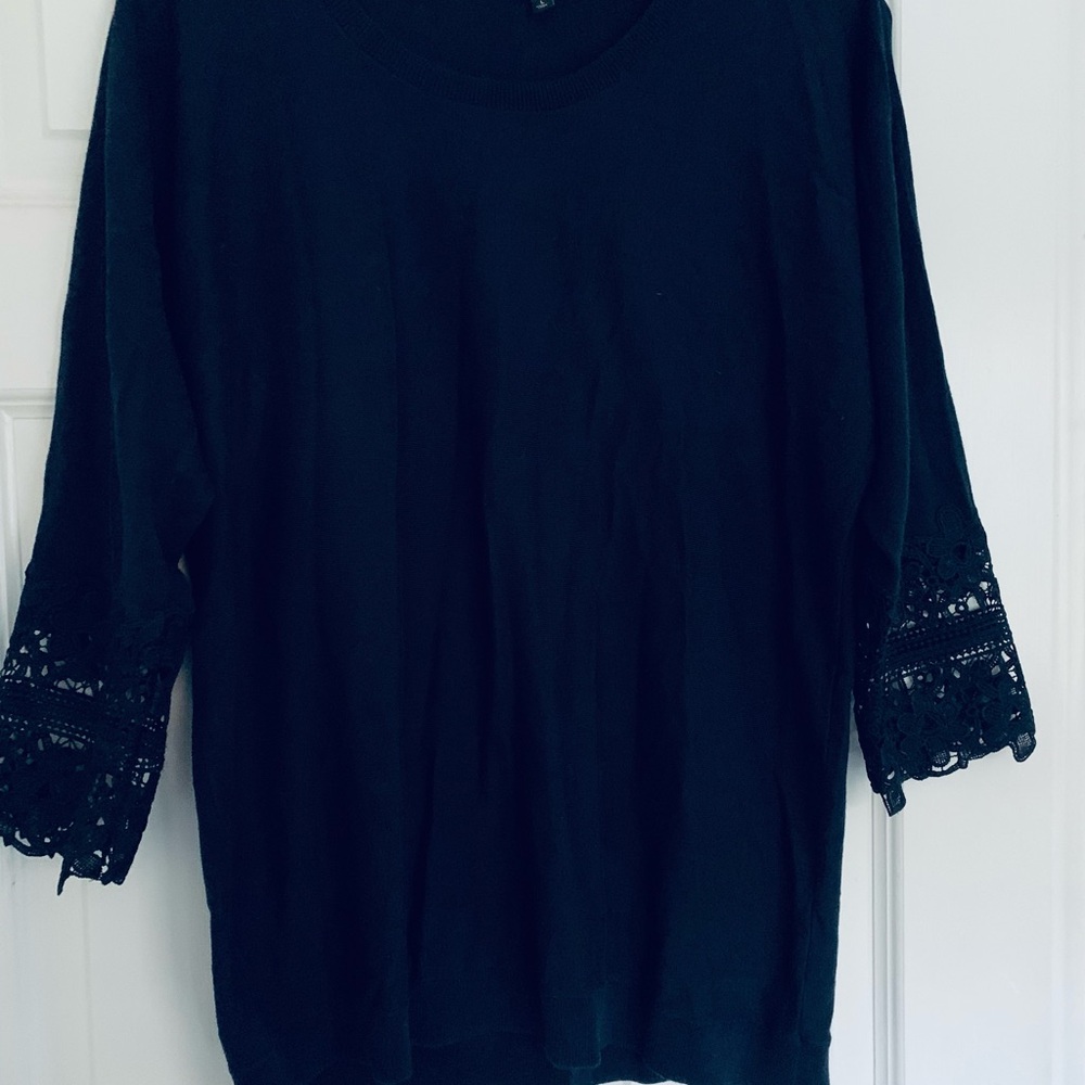 Talbots Navy Blouse with Lace Sleeves
